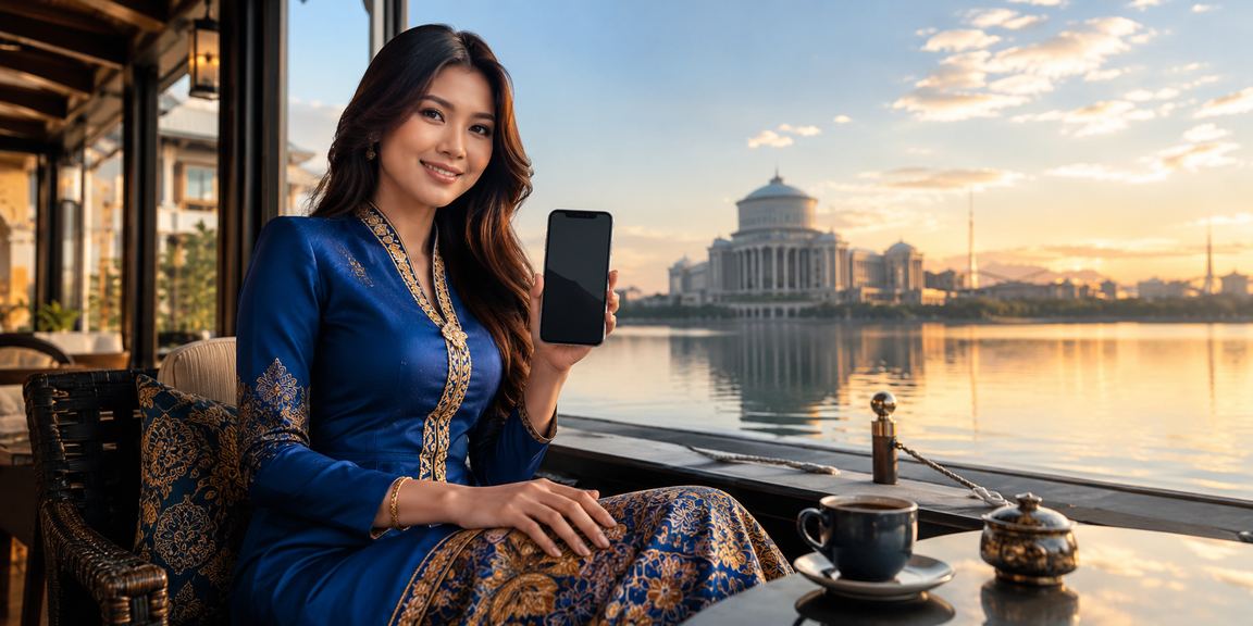 Wanita berbaju kurung di Putrajaya menggunakan telefon untuk akses platform pertaruhan mudah alih